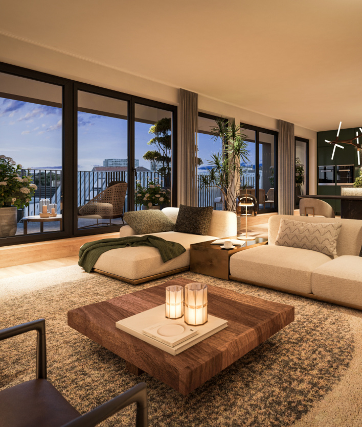 Visualisierung eines Wohnzimmers mit Terrasse