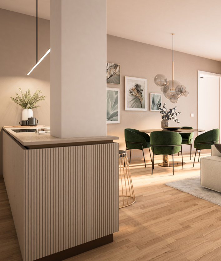 Visualisierung eines Wohnzimmers mit offener Küche